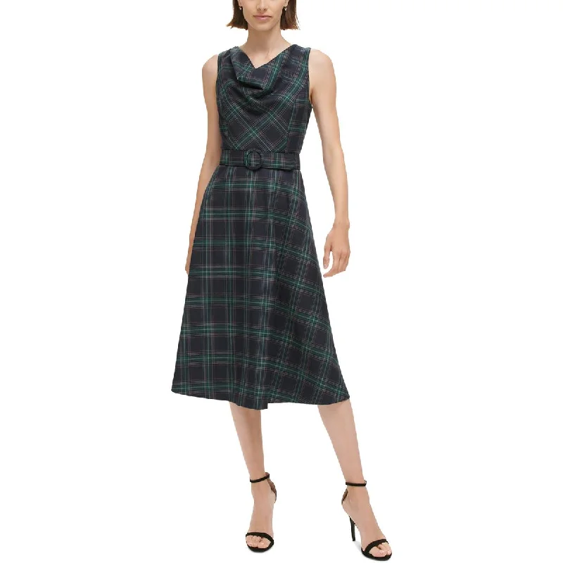 satin midi dressesVince Camuto Womens Plaid Mid Calf Shift Dress