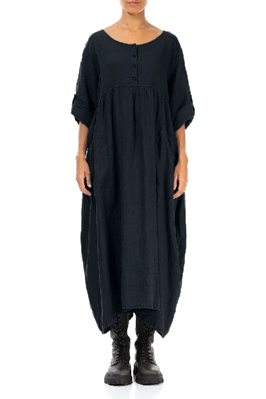 waist-cinching midi dressesButtoned Midnight Blue Linen Dress