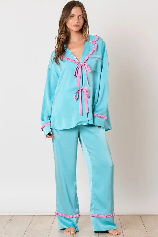 women's jogger pantsRetro Dreams Blue Satin Pajamas