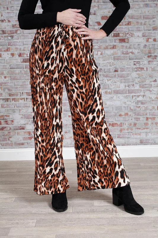 women's elastic waist pantsTan Leopard Pleat Palazzo Trousers