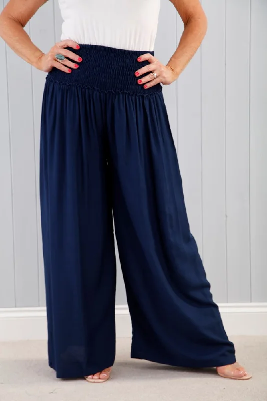 women's classic pantsRuched Waist Palazzo Pants Navy