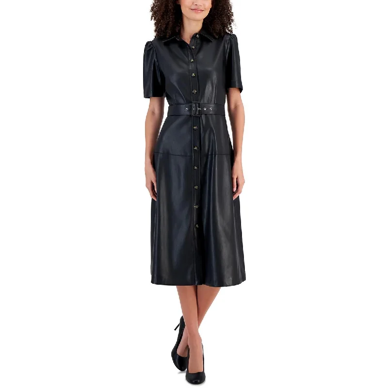 mini midi dressesT Tahari Womens Faux Leather Mid Calf Shirtdress