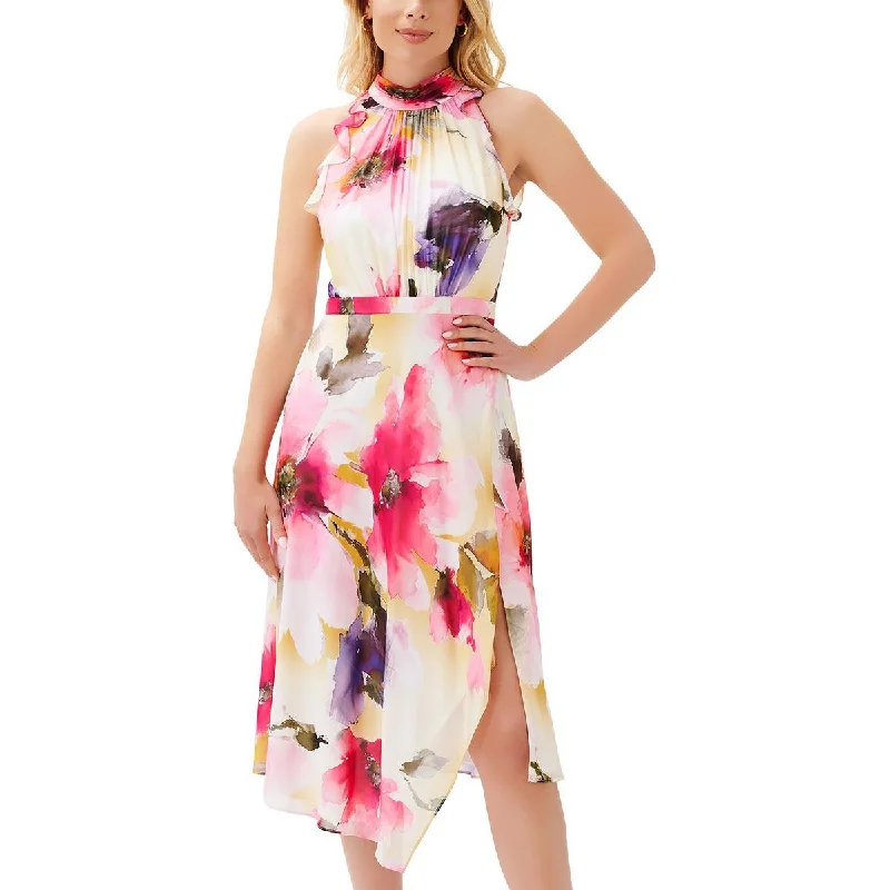 midi dresses with sheer sleevesAdrianna Papell Womens Floral Print Mid Calf Halter Dress