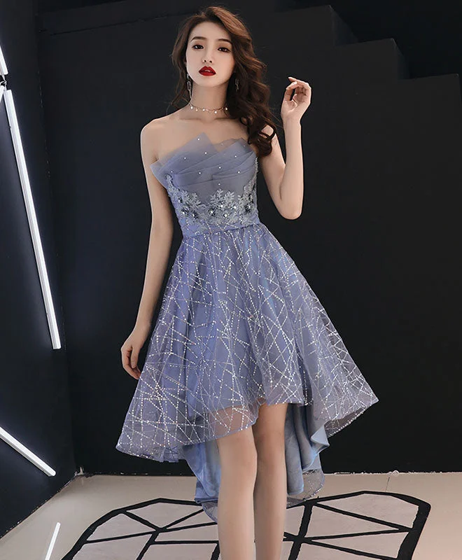 floral prom dressesBlue Tulle High Low Prom Dress, Blue Homecoming Dress