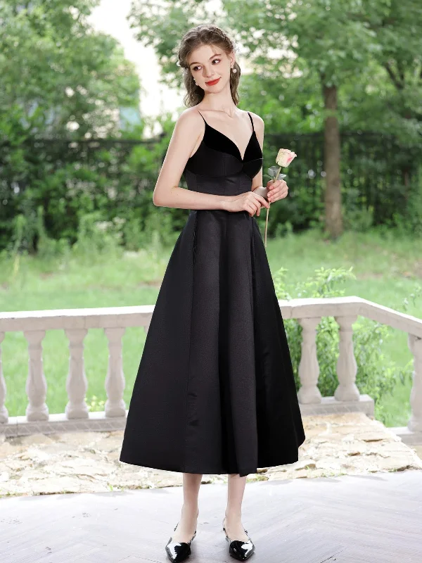 empire waist prom dressesSimple V Neck Satin Tea Length Black Prom Dress, Black Formal Dress