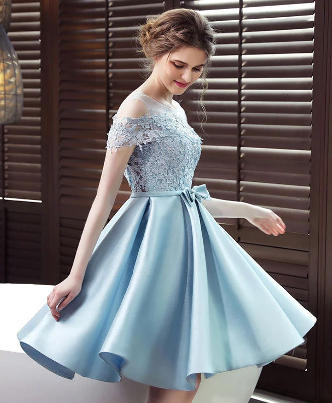 geometric print prom dressesSatin Scoop Neck Lace Blue Short Prom Dresses, Blue Homecoming Dresses