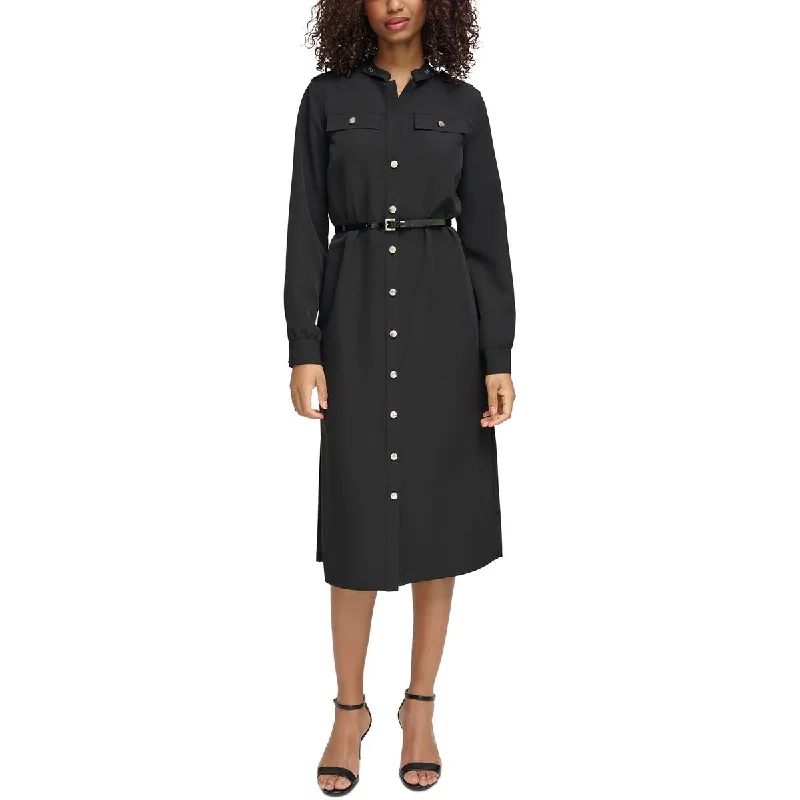 midi dresses with pocketsTommy Hilfiger Womens Split Hem Mid Calf Shirtdress