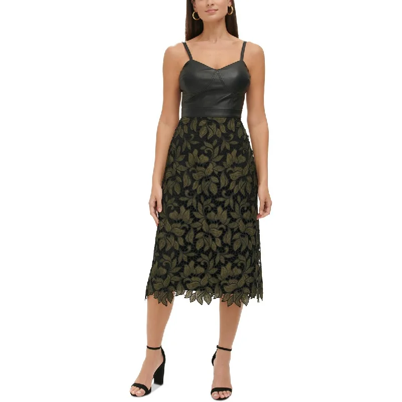 midi dresses for autumnGuess Womens Lace Overlay Mid Calf Fit & Flare Dress