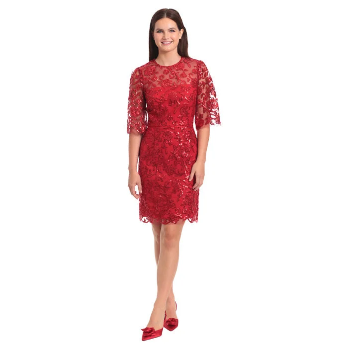 midi dresses for partiesMaggie London Short Sequin Dress With Mid Lenth Flare Sleeves And High Neckline - Samba-FINAL SALE