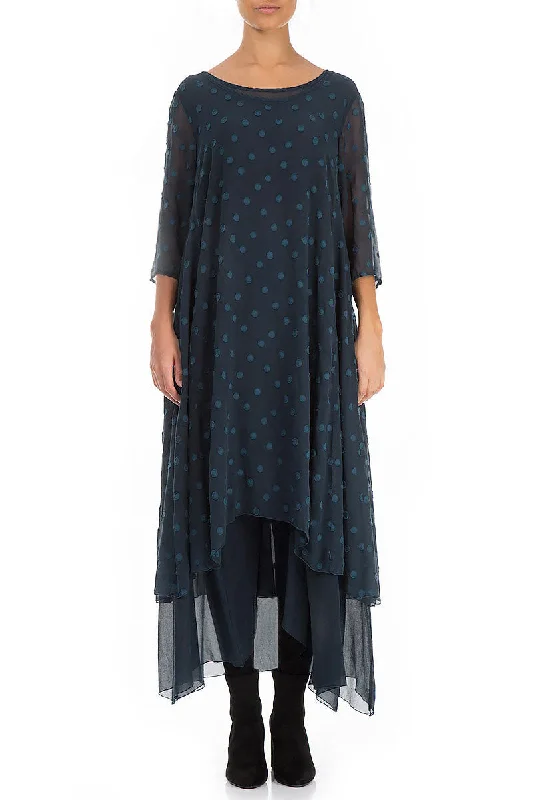 lightweight midi dressesLayered Dotty Midnight Blue Silk Dress