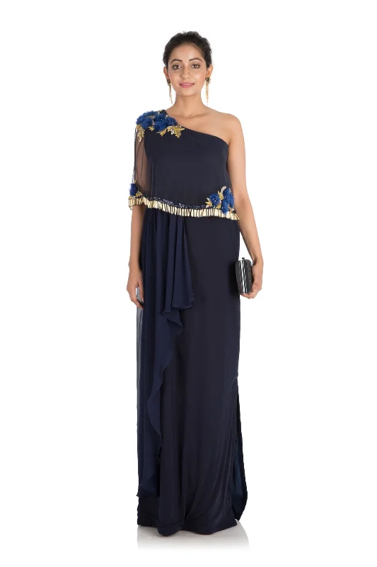 affordable midi dressesHand Embroidered Midnight Blue Pleated Dress