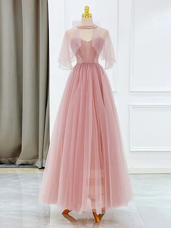 petite prom dressesPink Tulle Tea Length Prom Dress, Pink Tulle Formal Dress