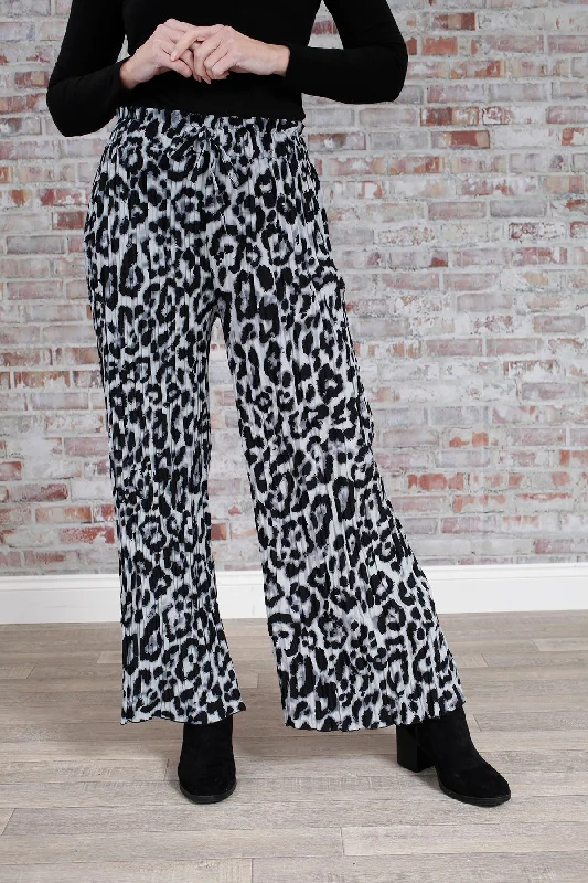 women's spandex pantsGrey Leopard Pleat Palazzo Trousers