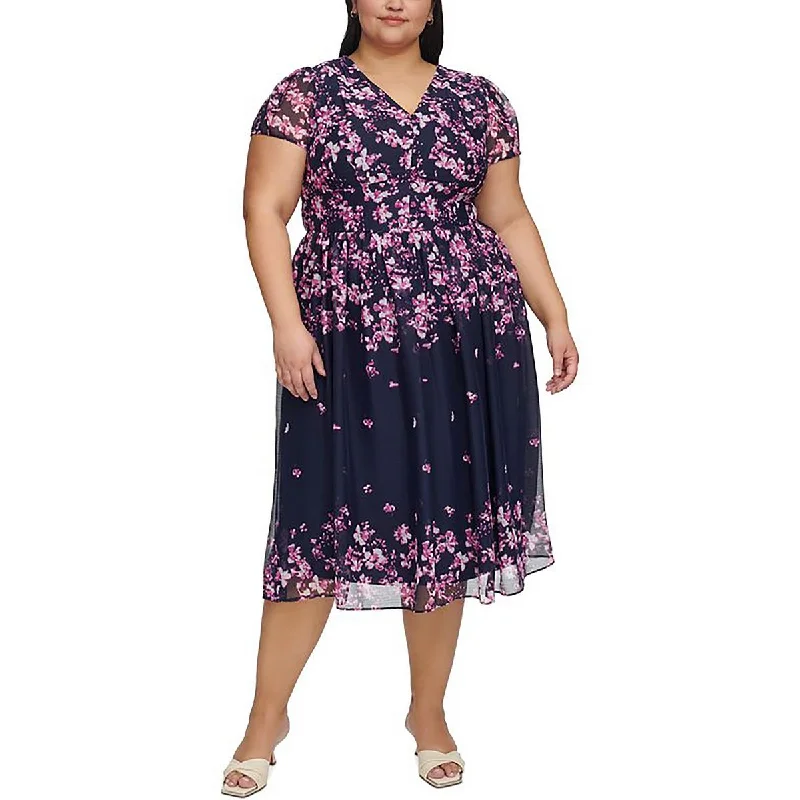 midi fit-and-flare dressesDKNY Womens Plus Floral Print Mid Calf Sheath Dress