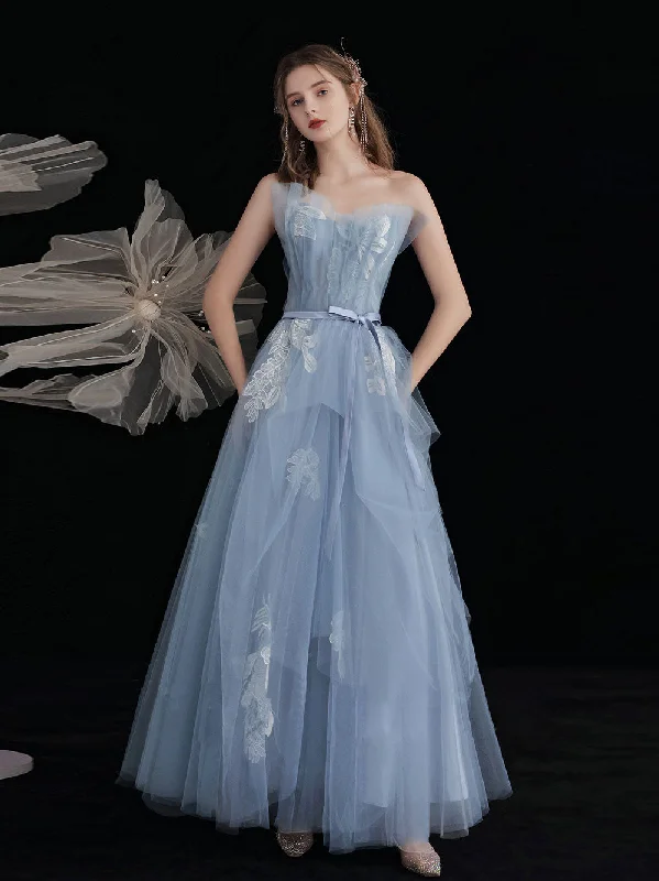 fitted prom dressesBlue Tulle Lace Tea Length Prom Dress, Lace Tulle Formal Dress