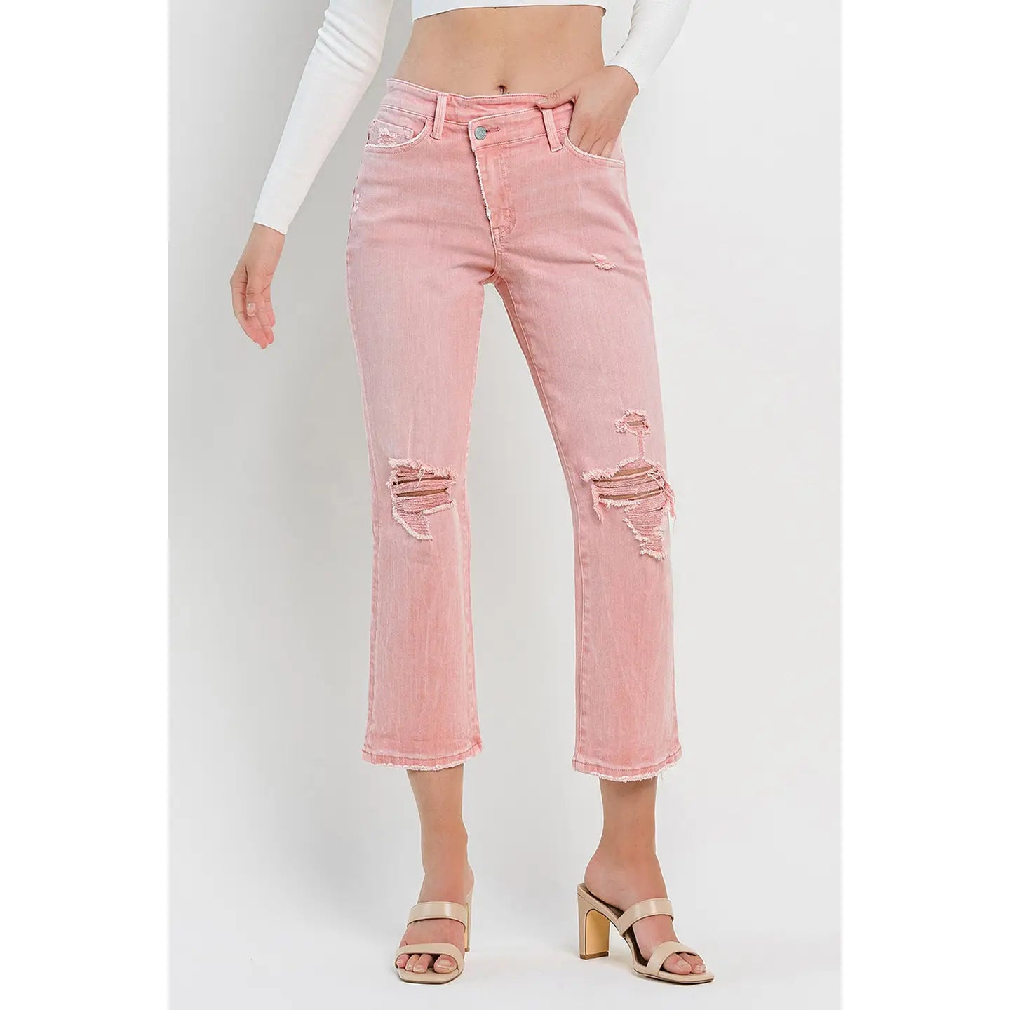 women's denim jeans with raw hemsRose Cross Over Crop Straight Jeans