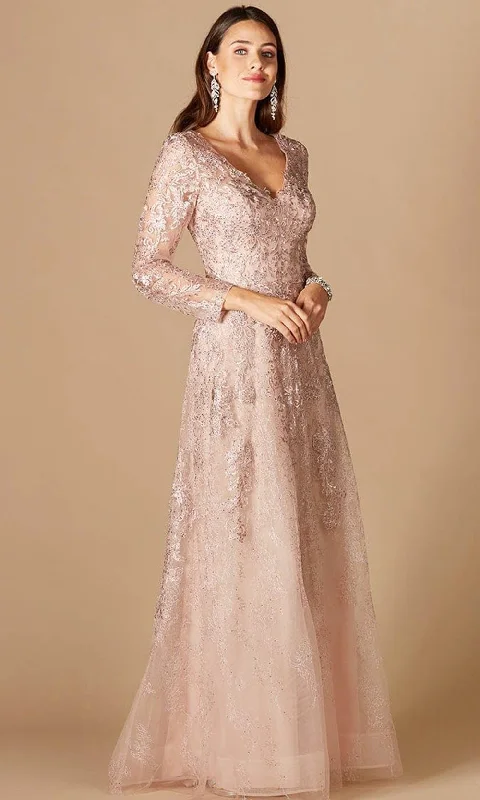 Formal Dress for Theater OpeningsLara Dresses 29326 - Floral Laced Plunging V Neck Long Sleeve Gown