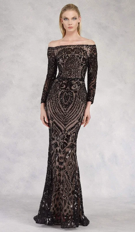 Formal Dress for Resort EventsJanique - Long Sleeve Geo-Sequined Mermaid Gown JA3017 - 1 pc Black/Nude In Size 6 Available