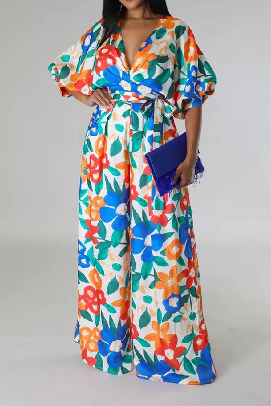 women's jumpsuits with metallic finishesColorful Floral Print Belted Wide Leg Jumpsuit