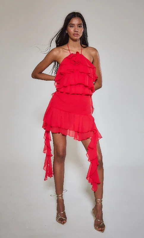 high-low Mimi dresses trendRed Ruffle Corsage Halter Mini Dress