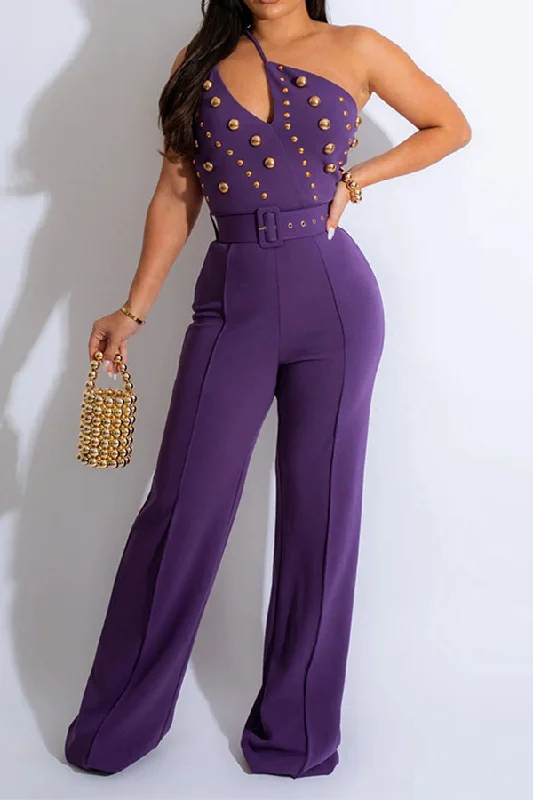 women's jumpsuits for bohemian chicRivet Design One Shoulder Glamorous Belted Jumpsuit