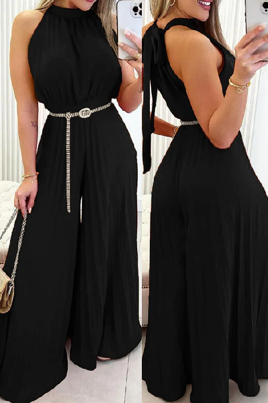 women's jumpsuits with spaghetti strapsSolid Color Commuting Pleated Wide Leg Jumpsuit