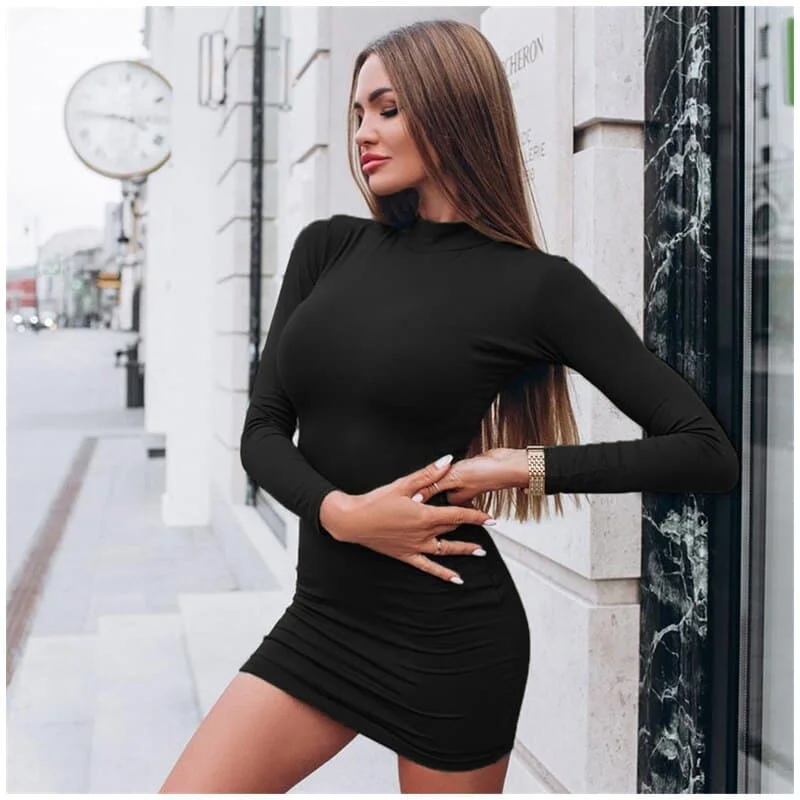 sleek Mimi dresses for business casualDressBetty - Sexy Solid Color Turtleneck Skinny Mini Dress