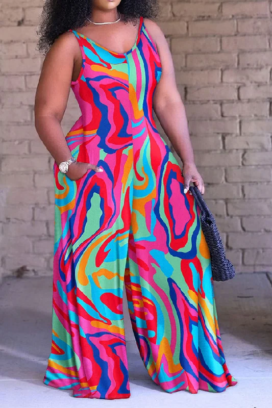 women's jumpsuits with neon colorsRipple Print Casual Wide Leg Jumpsuit