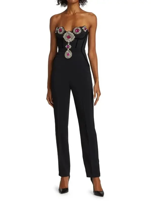 women's cozy jumpsuitsEmbellished Bustier-Corset Style Black Strapless Jumpsuit