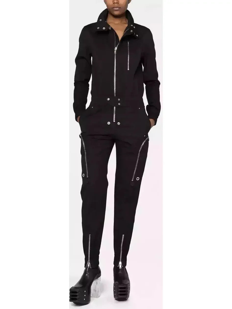 women's dressy jumpsuitsBlack Zip-Up Cotton Jumpsuit