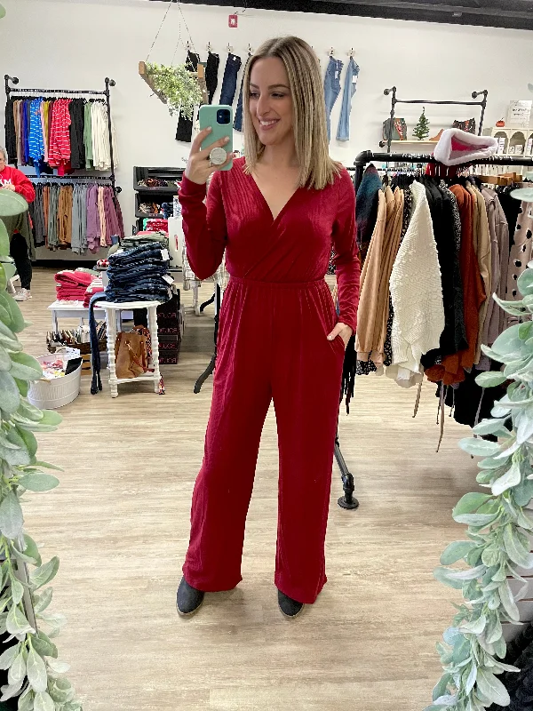 women's jumpsuits with Peter Pan collarsLong Sleeve Ribbed Jumpsuit in Red