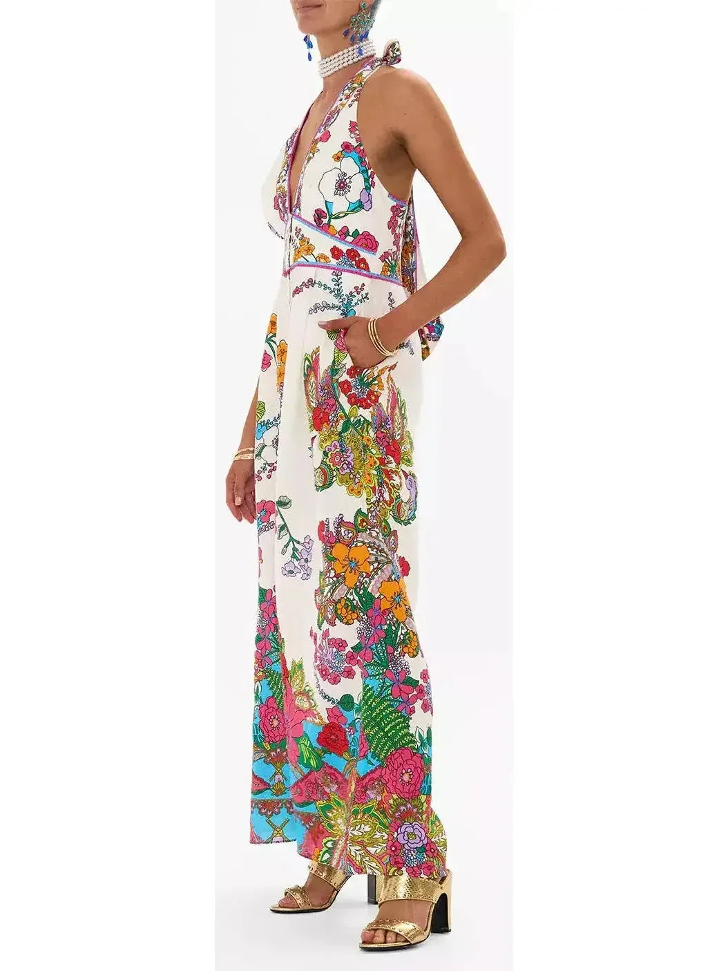 women's formal jumpsuitsBright Floral Printed Halter-Neck Wide-Leg Jumpsuit