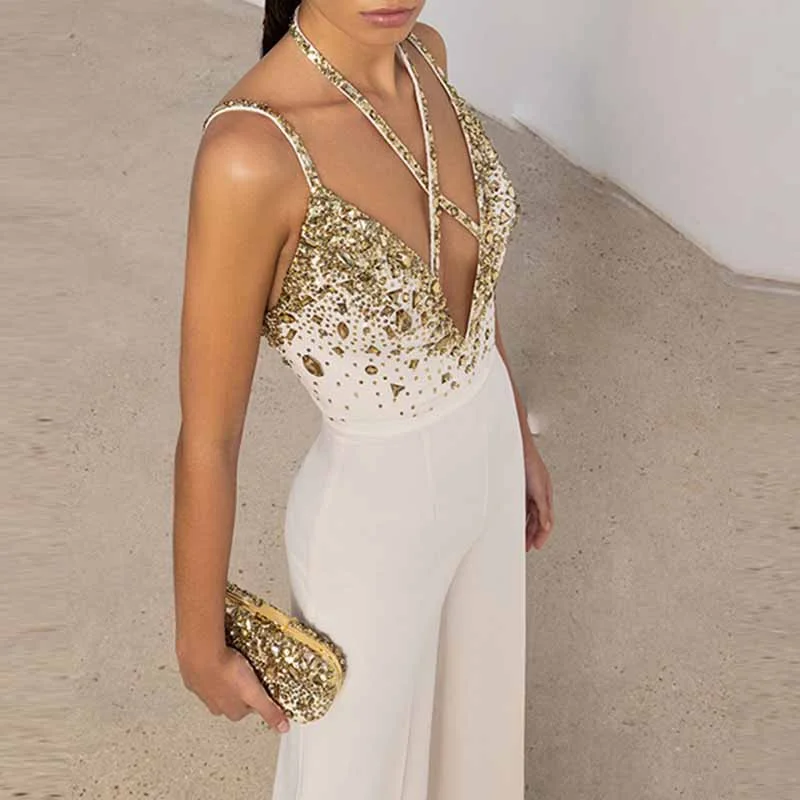 women's jumpsuits with short sleevesClassy Charm Gold Sequin Sleeveless Jumpsuit Spaghetti Strap One Piece White Romper