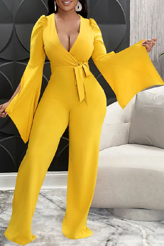 women's jumpsuits for plus-size figuresSolid Color Elegant Lace-Up Jumpsuit