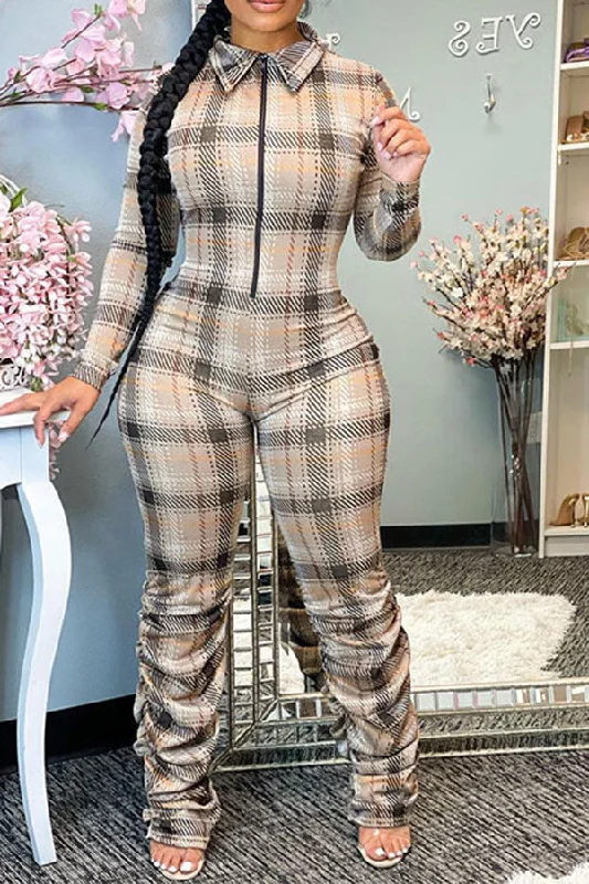 women's jumpsuits for ethical manufacturingChecked Print Stylish Pile Bottom Jumpsuit