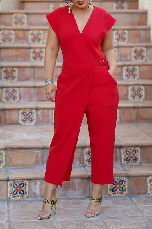 women's jumpsuits with belt loopsSolid Color Simple Buckled Design Irregular Jumpsuit