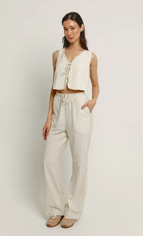 women's jumpsuits for machine-washable fabricsBeige Stripe Tie Front Jumpsuit