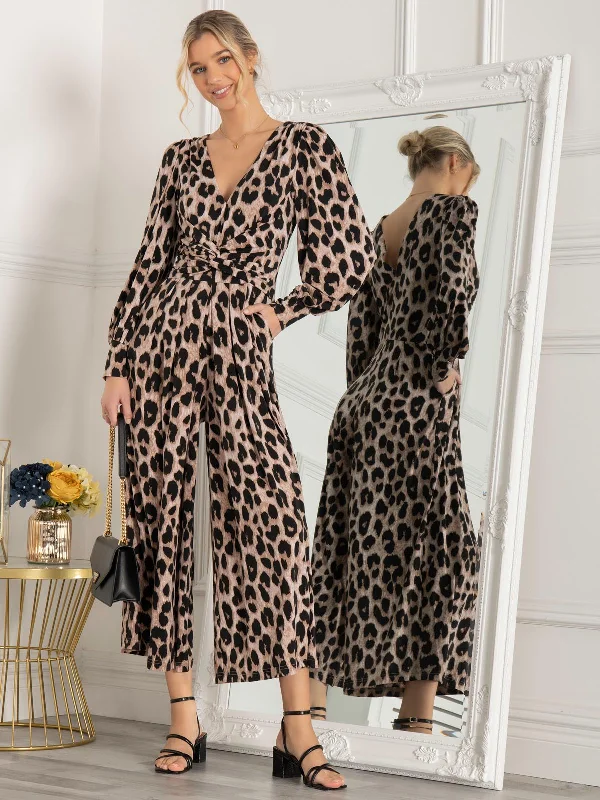 women's jumpsuits with self-ties at the waistJolie Moi Kylie Long Sleeved Jumpsuit, Pink Animal