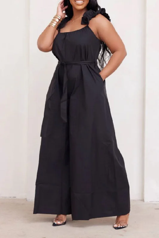 women's jumpsuits with halter necksRuffle Strap Sweet Belted Wide Leg Jumpsuit