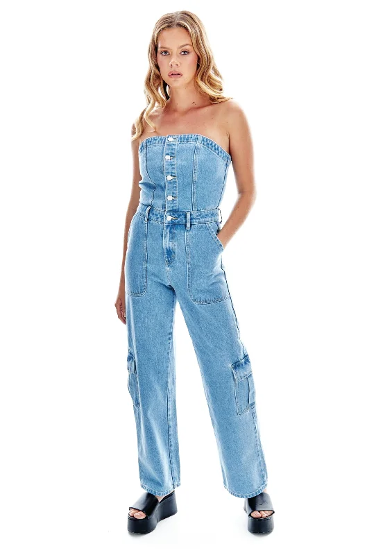 women's jumpsuits for wrinkle-resistant materialsCargo Denim Bandeau Jumpsuit