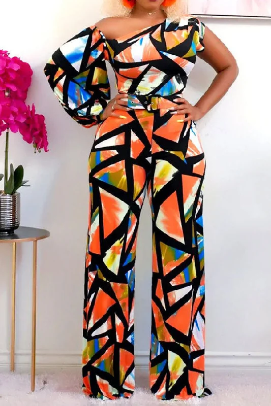 women's elegant jumpsuitsColorful Geometric Print Irregular Jumpsuit With Belt