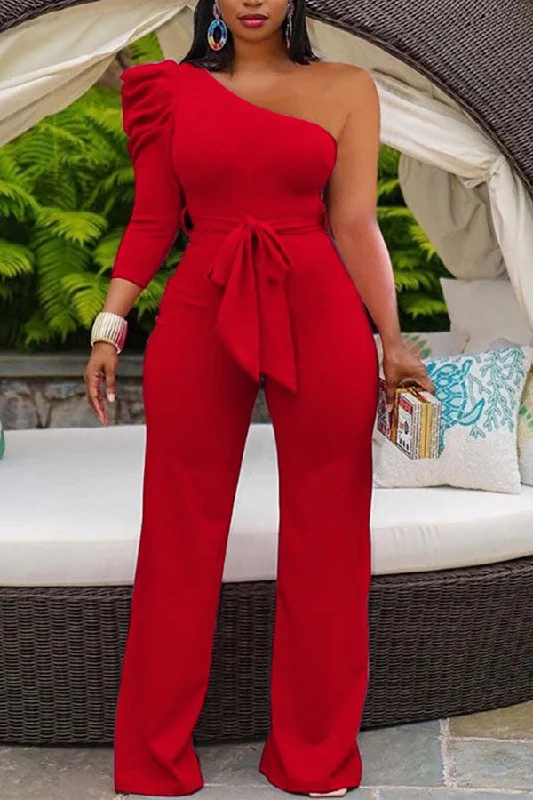 women's jumpsuits with Peter Pan collarsSolid Color One Shoulder Elegant Jumpsuit Wih Belt