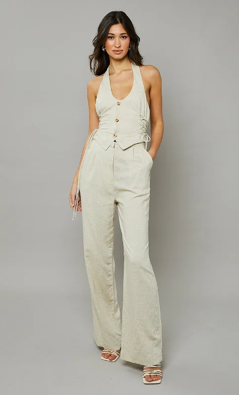 women's jumpsuits for glamorous eveningsBeige Linen Halterneck Lace-Up Jumpsuit