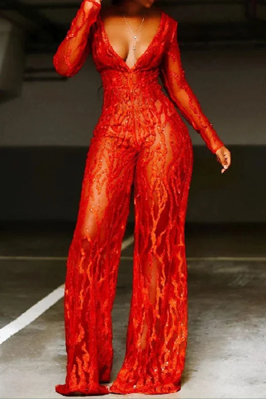 women's jumpsuits for stylish and functional fashionRed Floral Lace V Neck Unique See-Through Wide Leg Jumpsuit