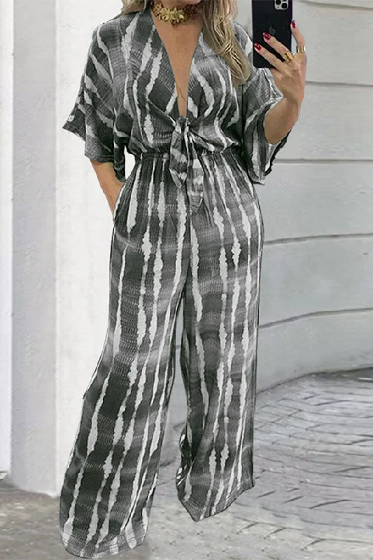 women's jumpsuits with round necksTie Dye Feminine V Neck Tie Front Jumpsuit