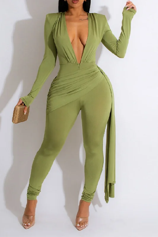 women's retro jumpsuitsSolid Color Deep V Neck Chic Side Train Jumpsuit