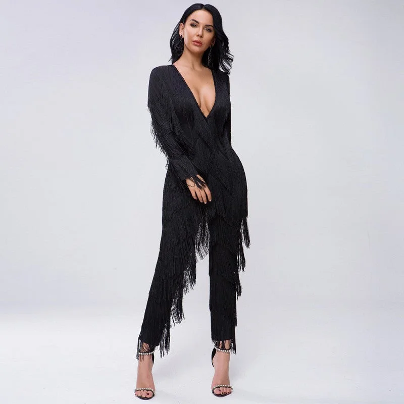 women's jumpsuits with bell sleevessd-hk Dark V Neck long Sleeve Jumpsuit With Tassels