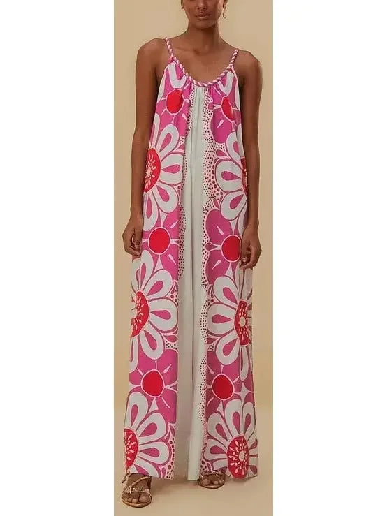 women's high-slit jumpsuitsFloral Print Linen and Cotton Long Sleeveless Jumpsuit