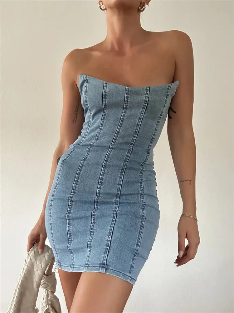 polka dot Mimi dresses for funSexy Denim Off Shoulder Slim Pencil Mini Dresses