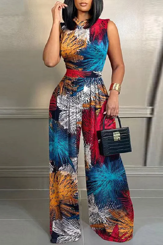 women's jumpsuits for wrinkle-resistant materialsAbstract Flower Print Colorful Wide Leg Jumpsuit